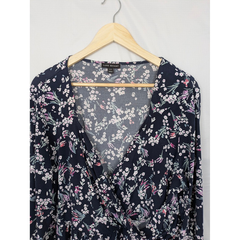 Lane Bryant Faux Wrap Floral Top Women 18/20 Navy Bishop Sleeve Stretch Blouse - Picture 9 of 14